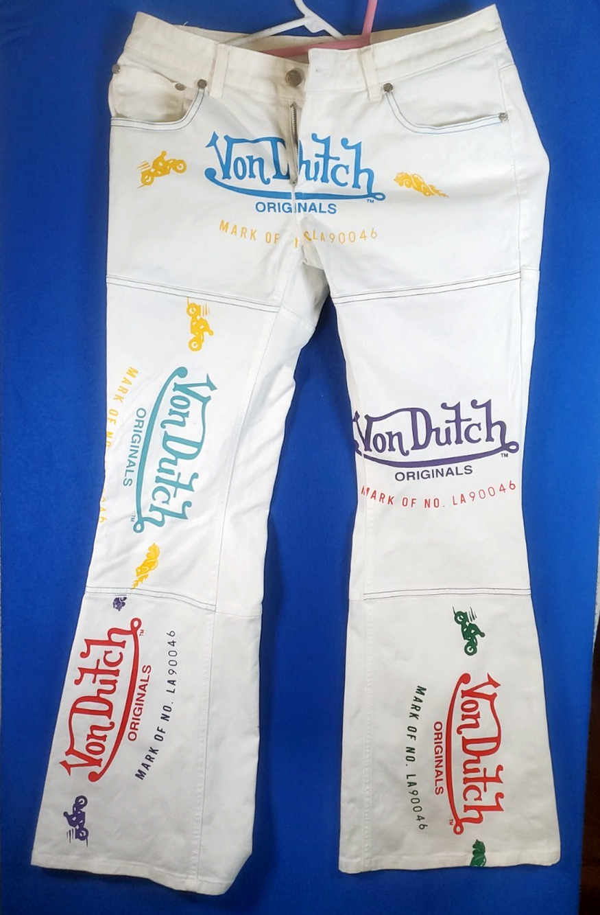 Vtg Von Dutch Limited Edition Flare Jeans White Graphic Logo Patch 76/300 Sz 30